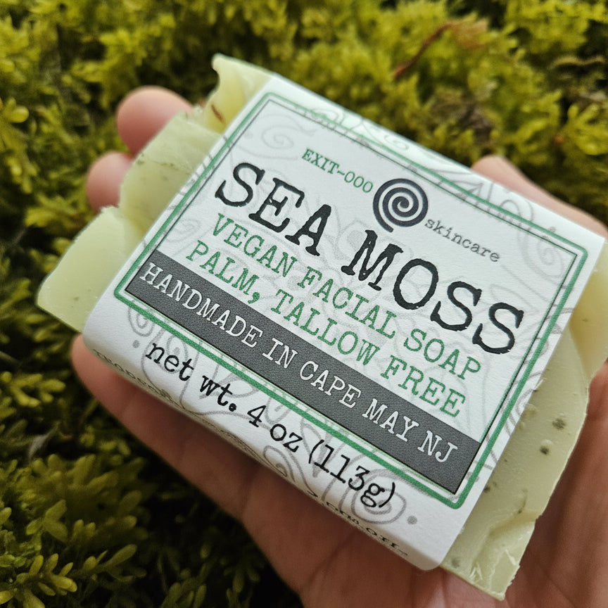 A packaged bar of vegan facial sea moss soap labeled 'SEA MOSS VEGAN FACIAL SOAP' held in a person's hand.