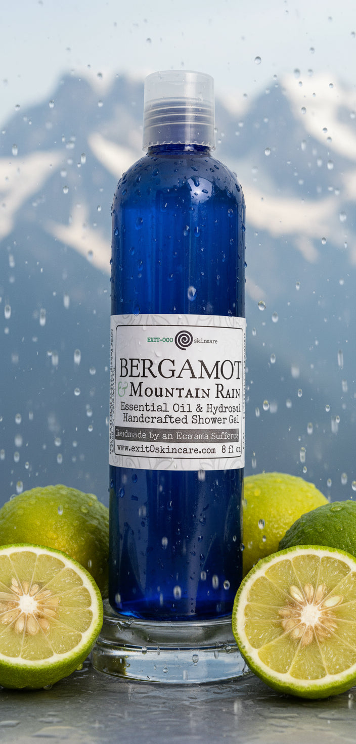 Bottle of Bergamo Mountain Rain shower gel on a tiled surface