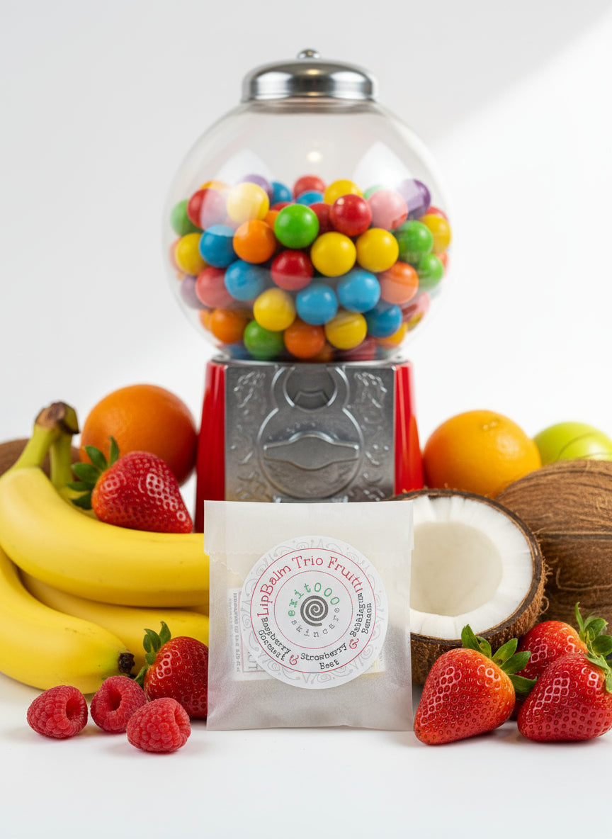 glassine with three fruity lip balms set, a perfect stocking stuffer gift