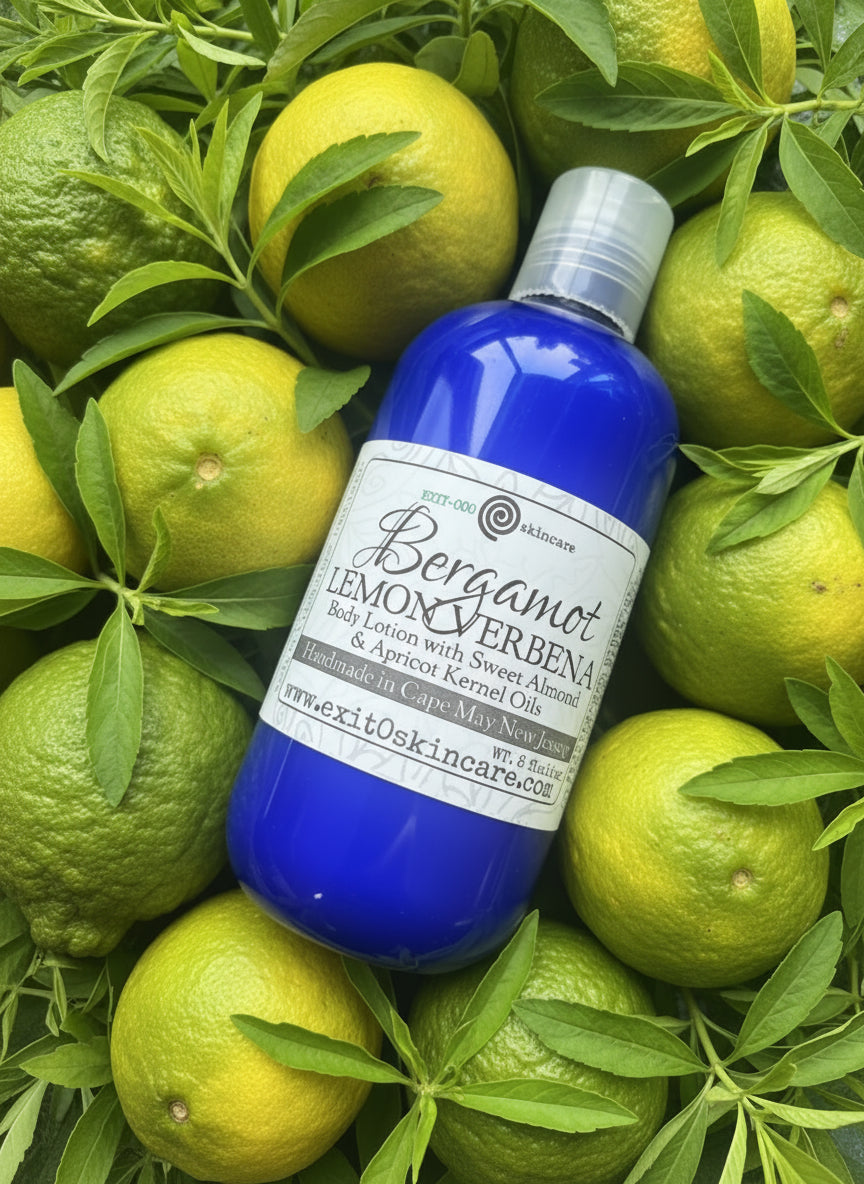 Blue bottle with a label on a brown surface