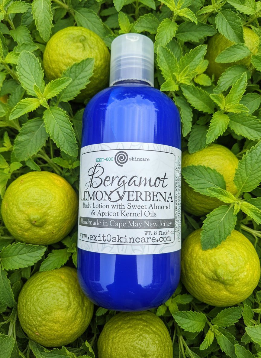 Blue bottle with a label on a wooden surface