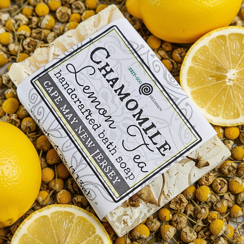 Bar of soap with 'Chamomile Lemon' label on a brown surface