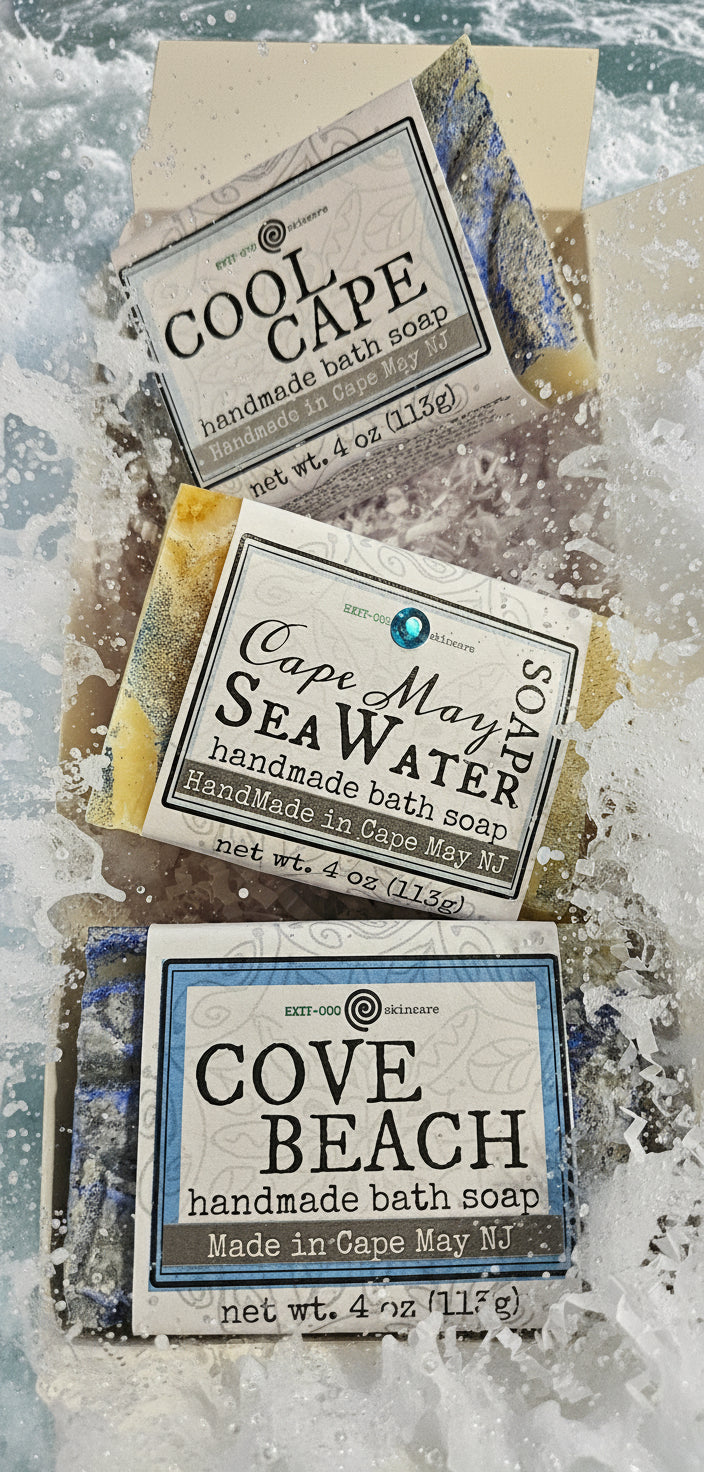 Three bars of soap with labels in a box