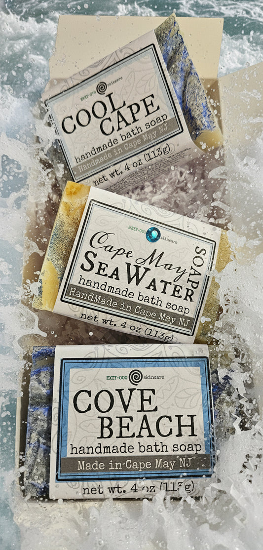 Three bars of soap with labels in a box