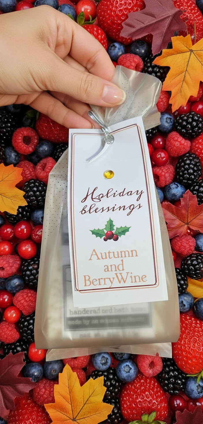 Packaged product with a decorative tag on a wooden surface