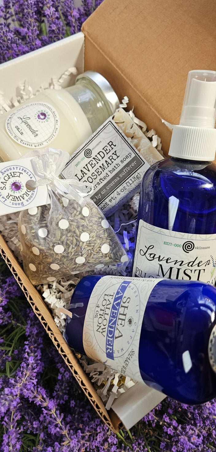 Shea Lavender products including a bottle, soap, and candle in a box.