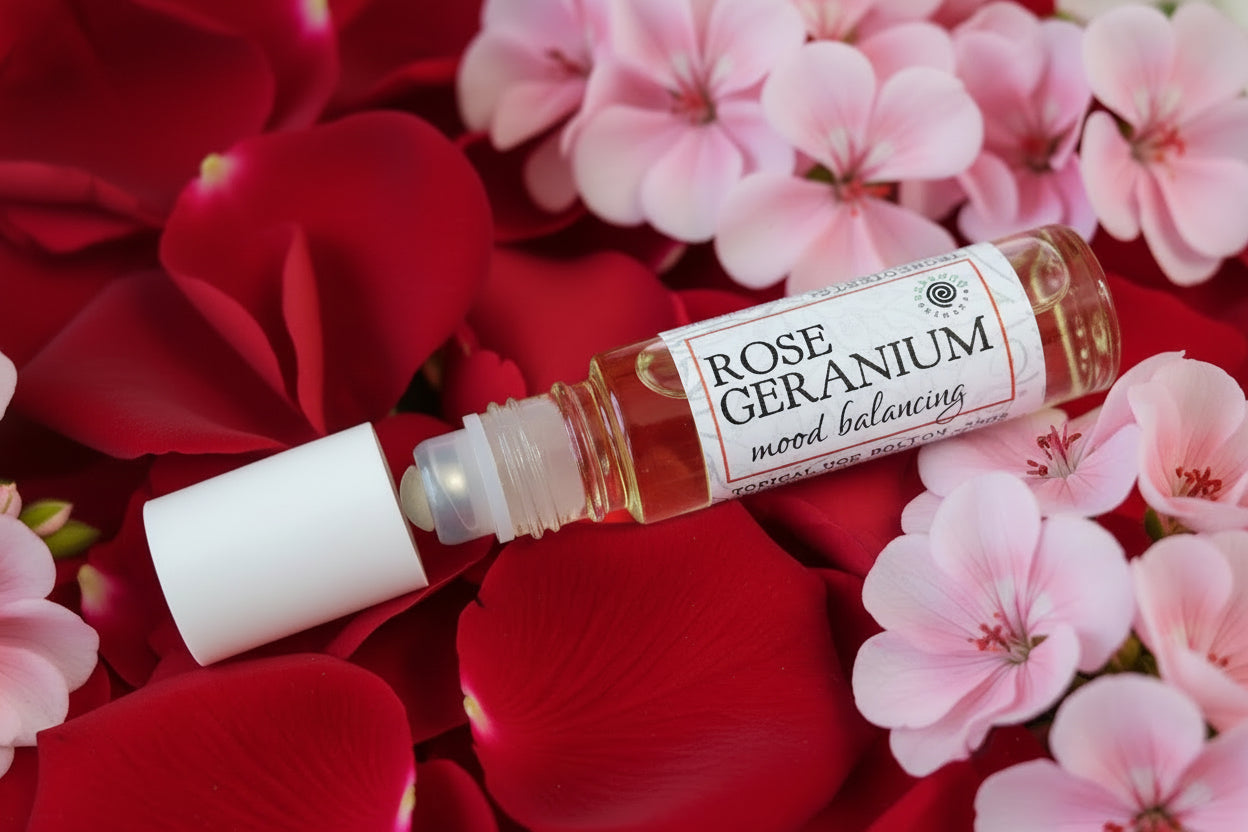 Roll-on bottle of Rose Geranium essential oil on a wooden surface with a brand logo.