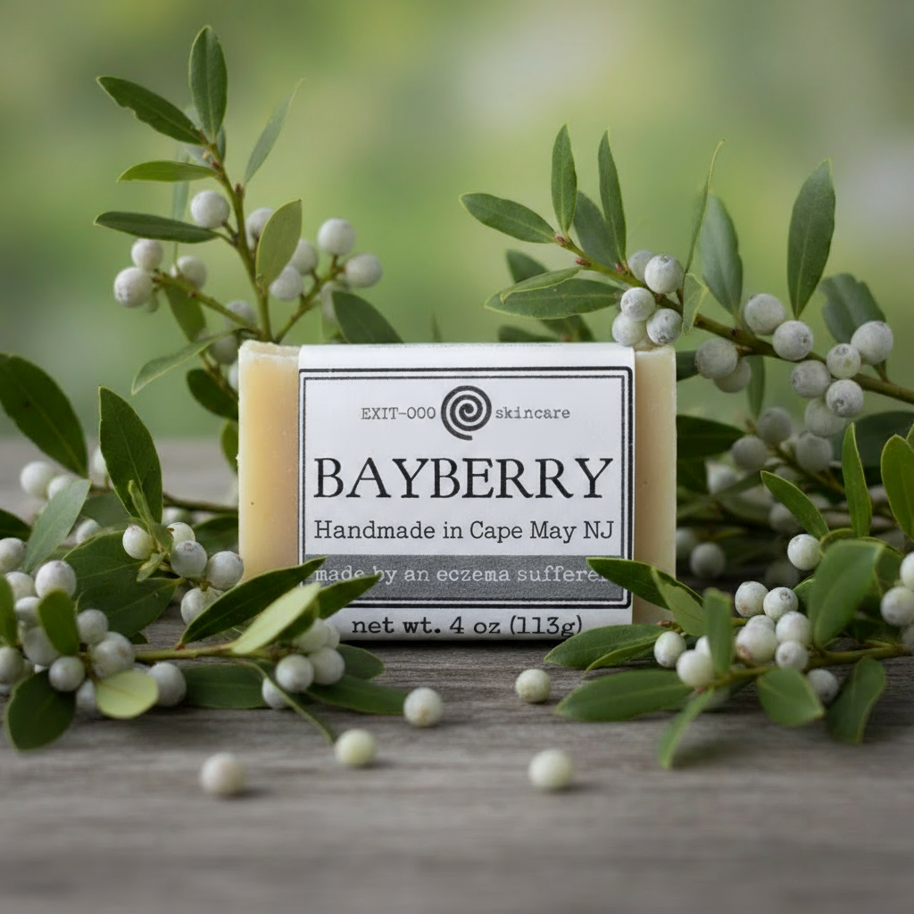 Handcrafted bath soap bar with 'Bayberry' flavor and visible branding on a label.