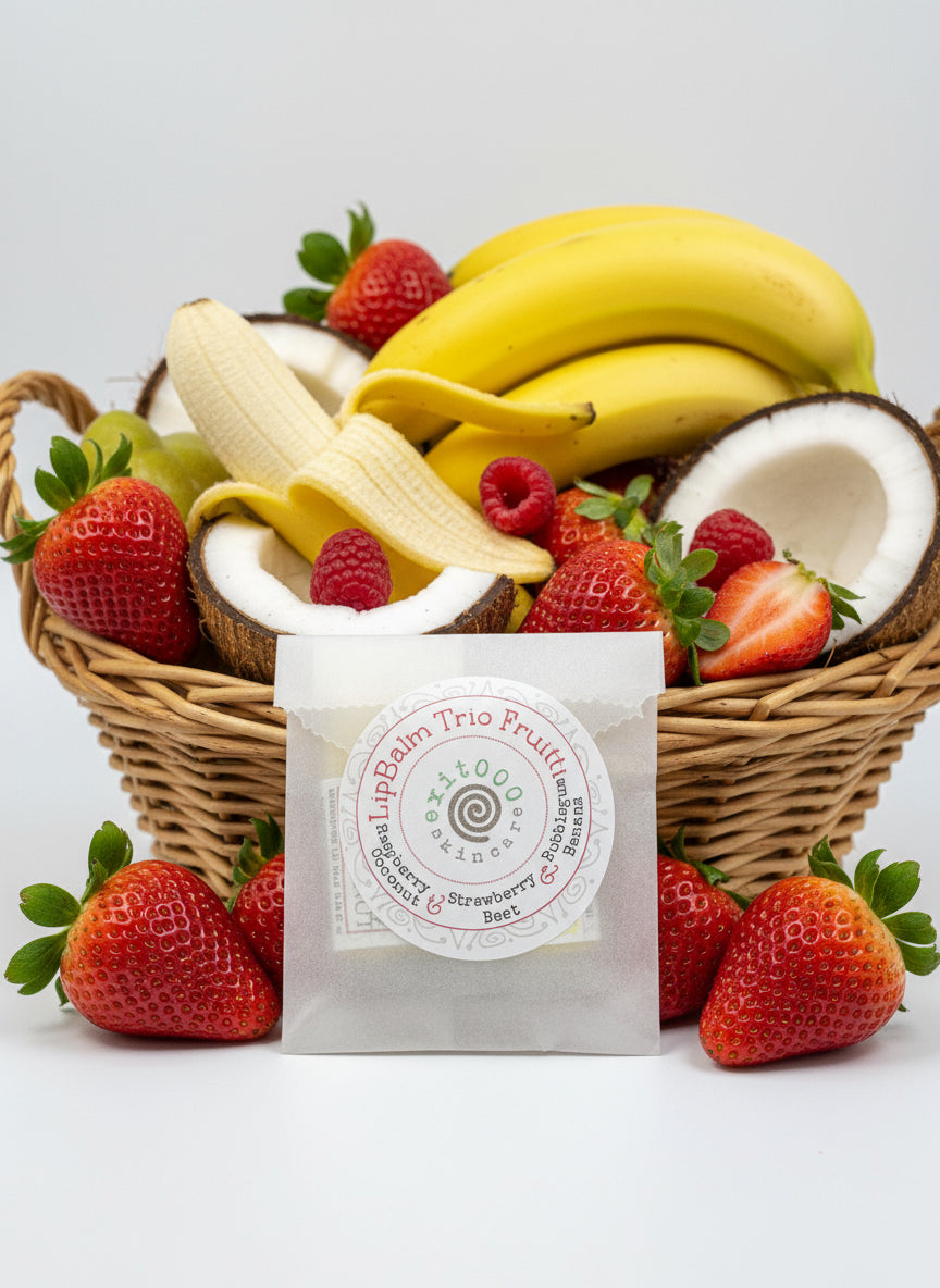 Lip balm trio packaging with a label on a dark surface