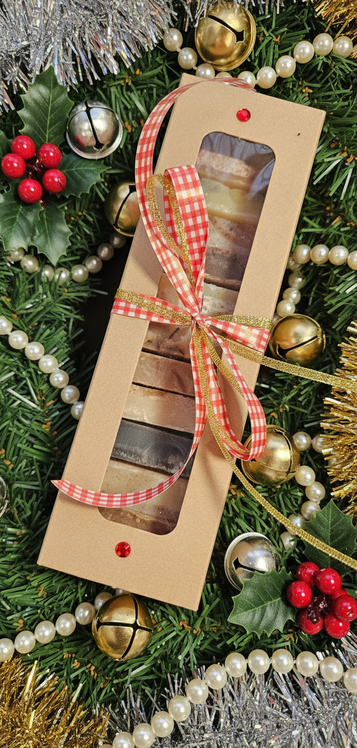 Packaged food item with a red and white checkered ribbon on a wooden surface