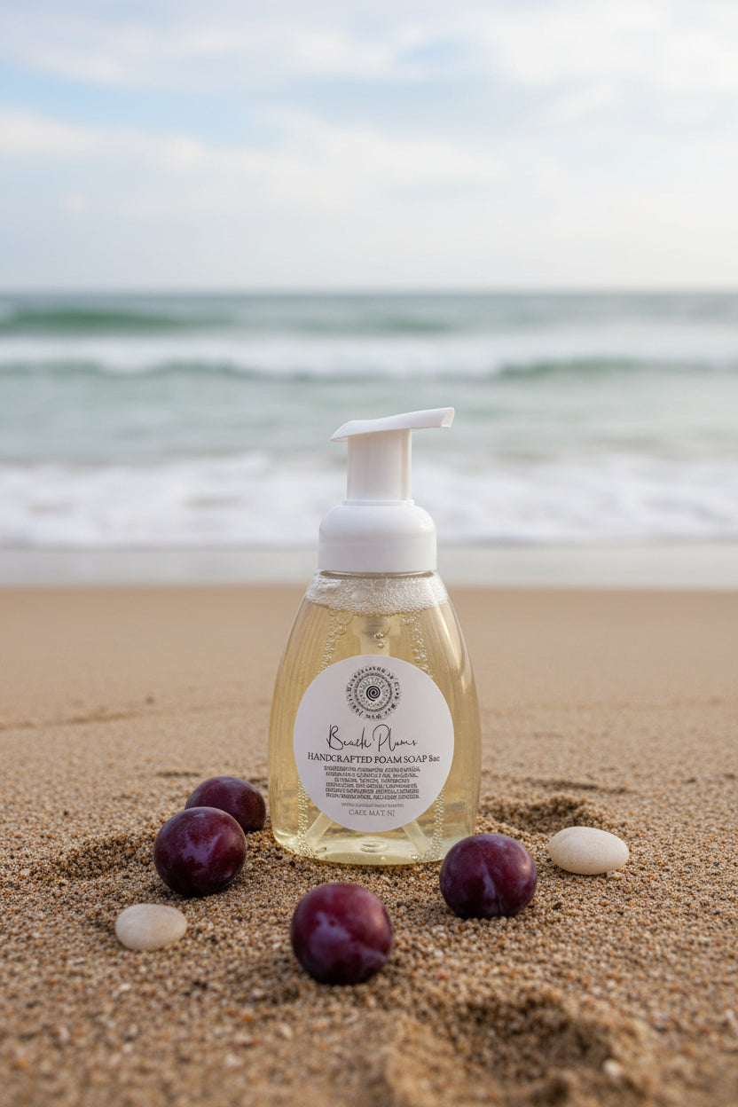 Handcrafted soap bottle with a label on a stone surface