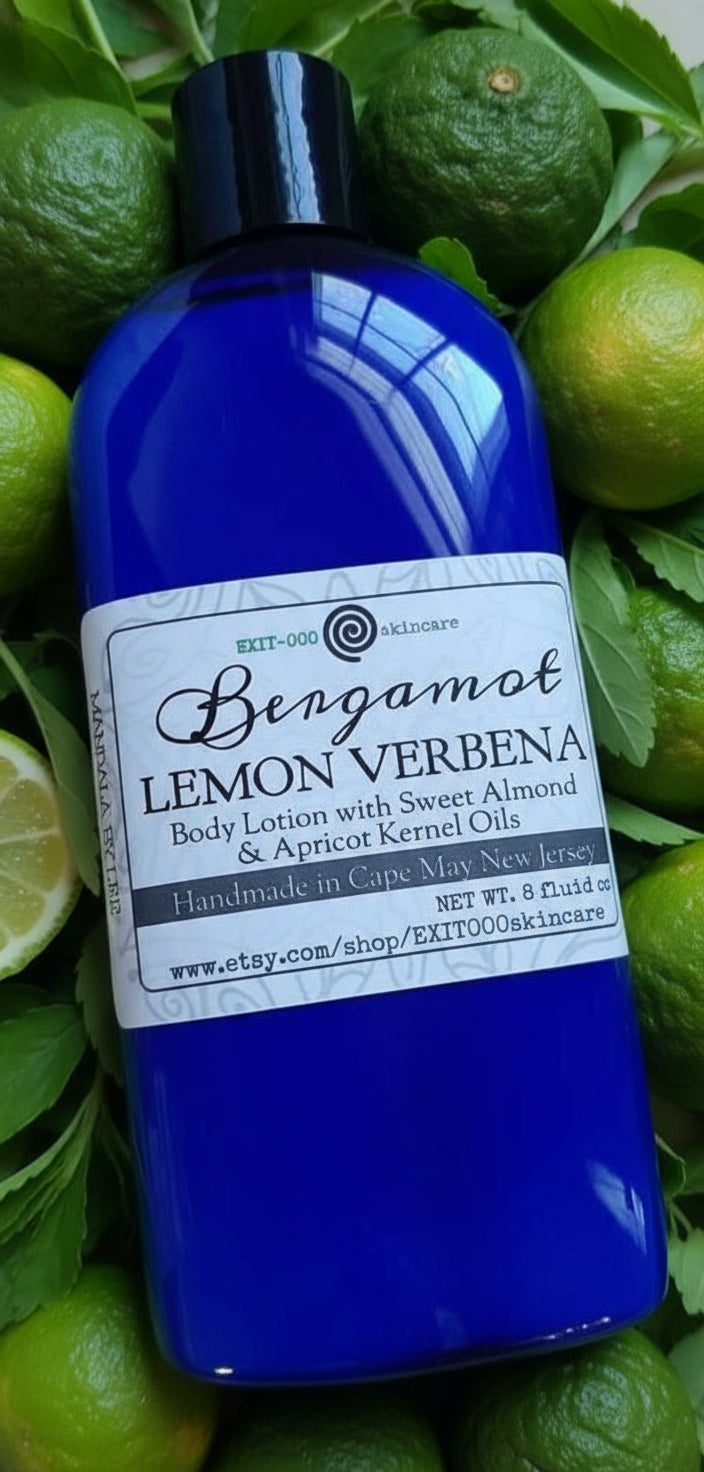 A blue bottle of body lotion labeled 'Bergamot Lemon Verbena'.